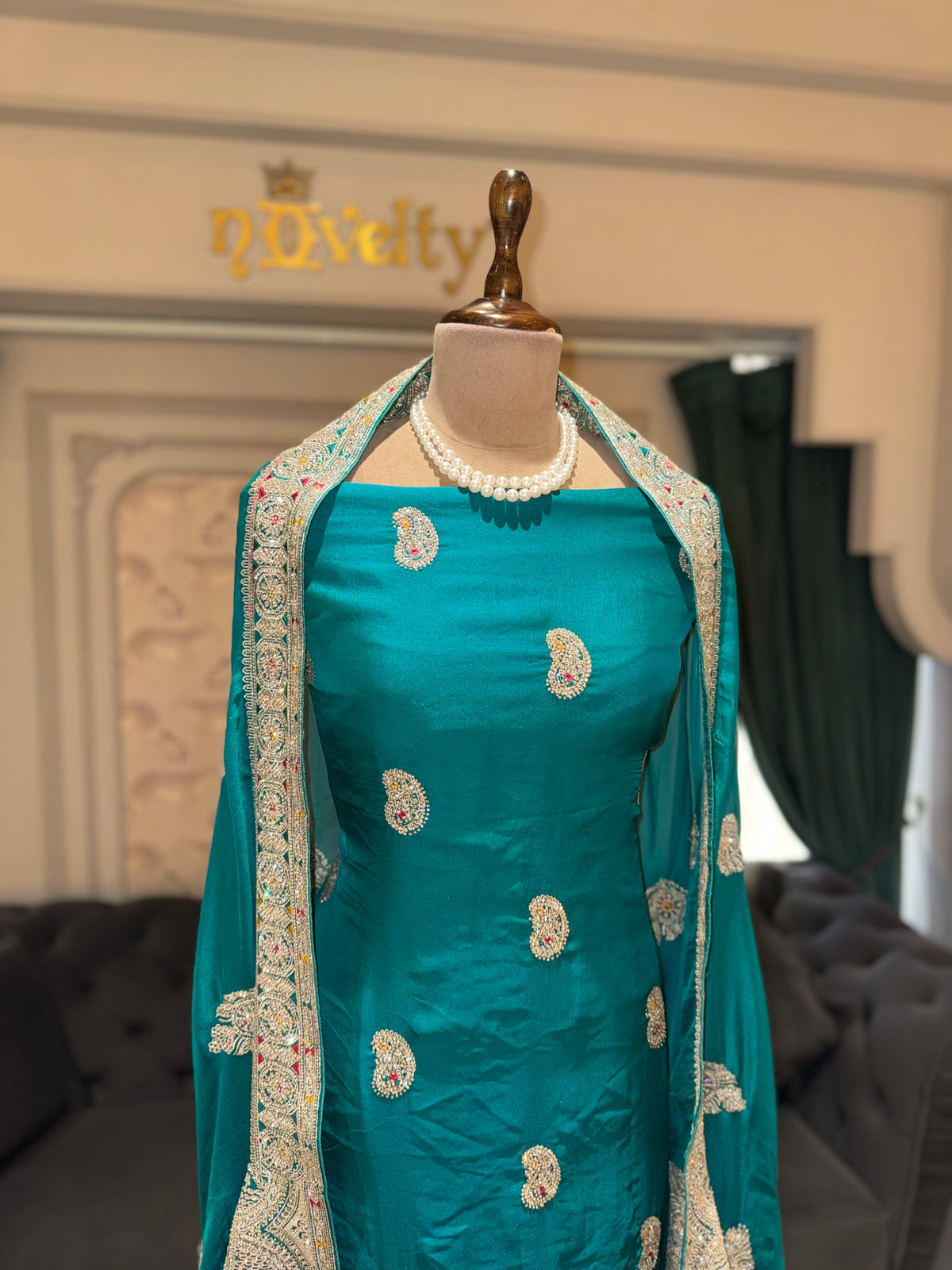 Peacock Blue Unstitched Silk Suit Set with Zardozi Paisley Bootis and Scalloped Border Dupatta