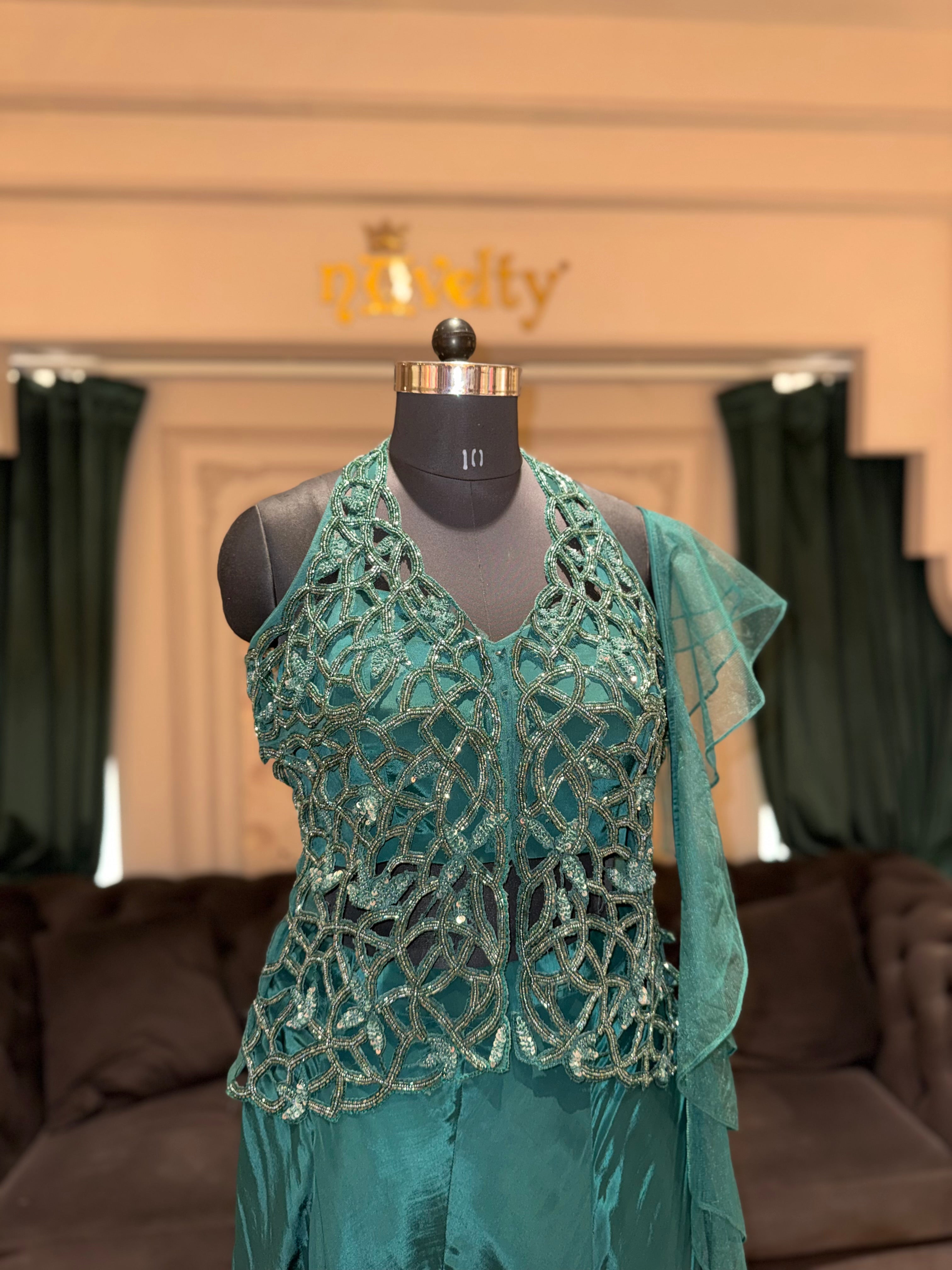 Teal Embellished Flared Gown