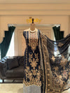 Navy Blue & Grey Embroidered Crepe Unstitched Suit