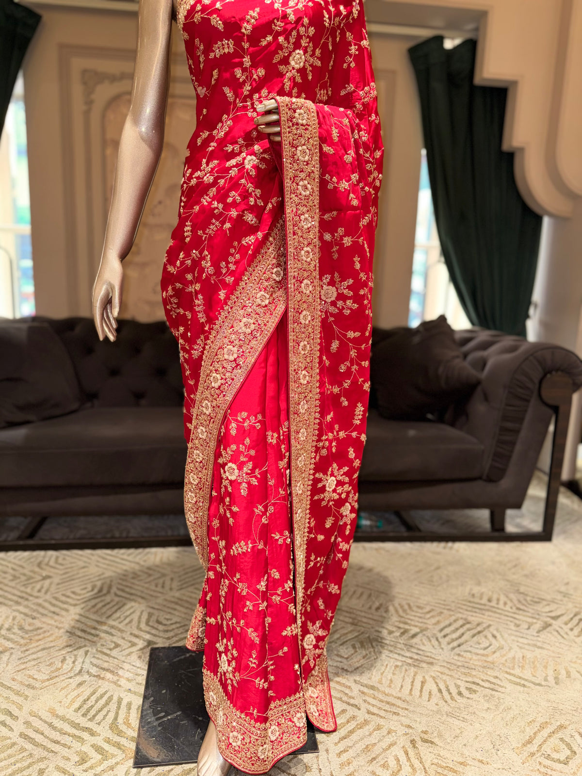 Crimson Red Pure Silk Saree with All-Over Gold Floral Zardozi Jaal & Scalloped Border