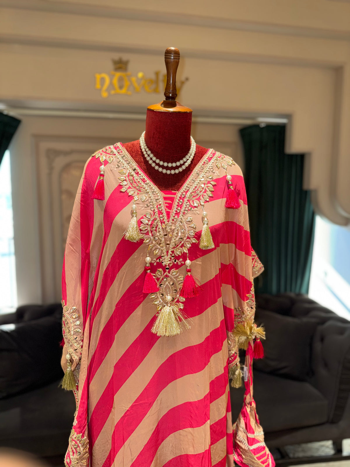 Hot Pink & Beige Striped Embroidered Kaftan