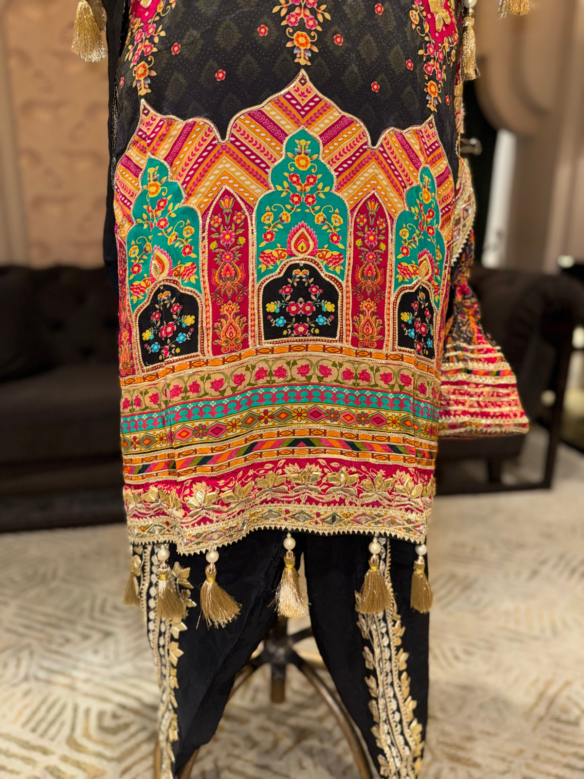 Black Multicolour Embroidered Kaftan Suit