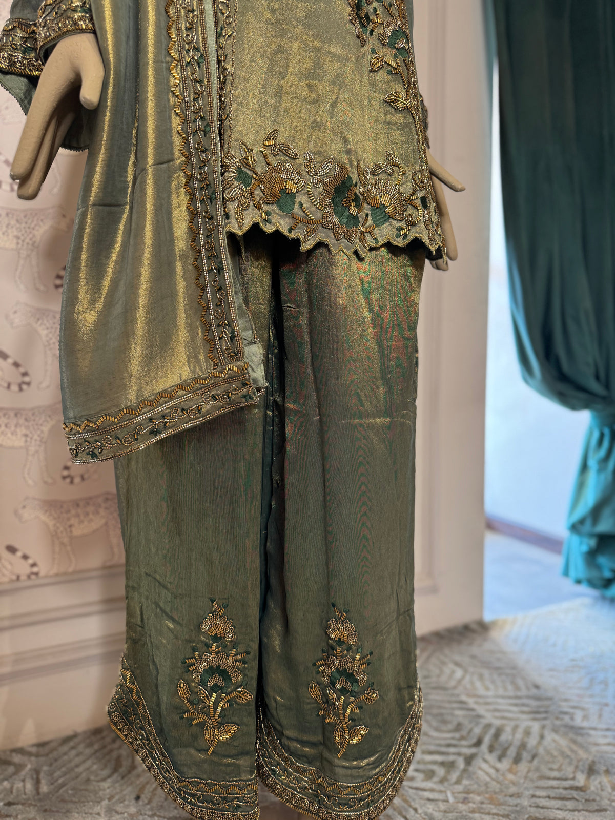 Olive Green Designer Embroidered Palazzo Suit