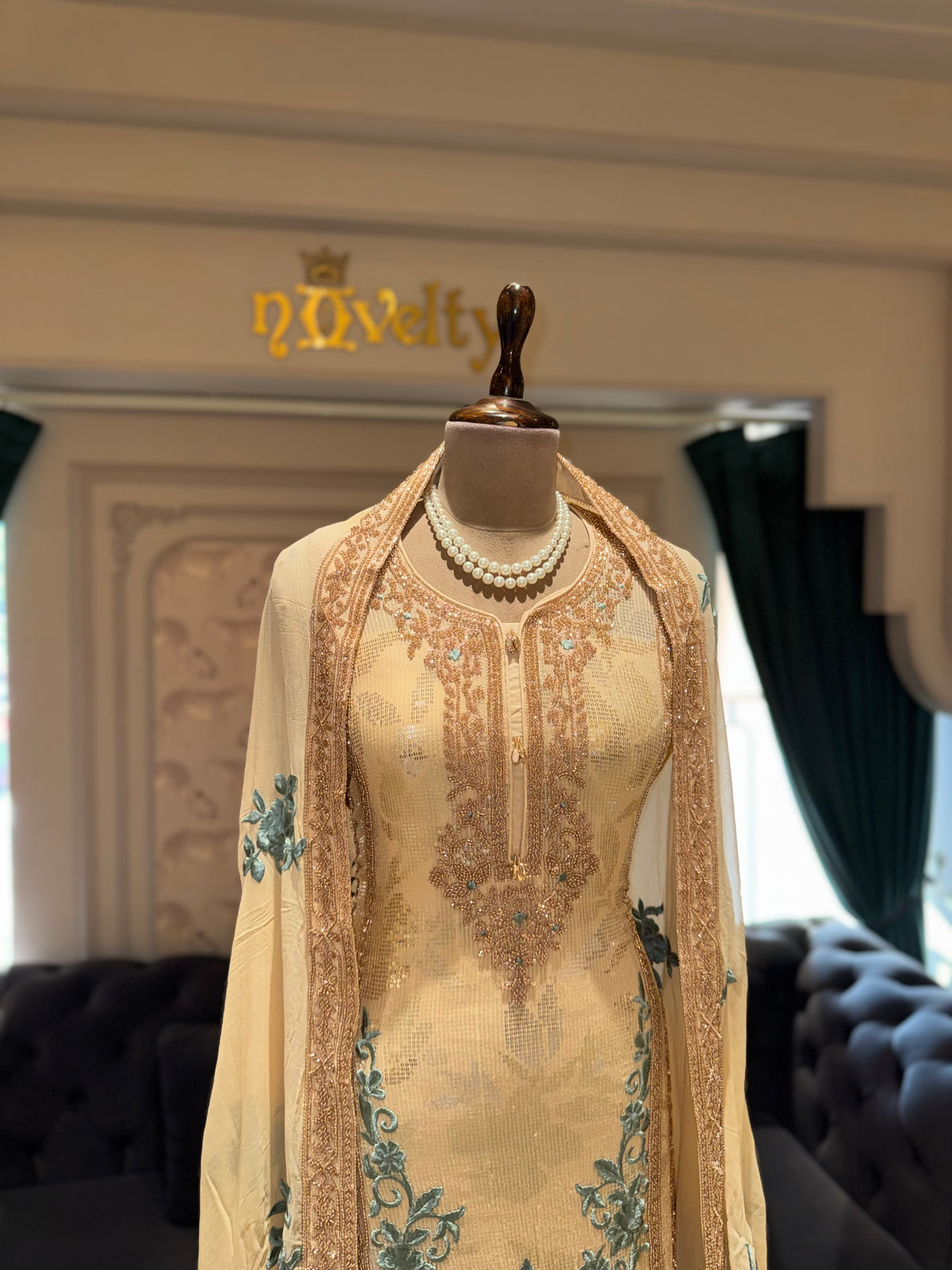Pastel Yellow Unstitched Silk Suit Set with Sea-Green Floral Embroidery and Zardozi Borders