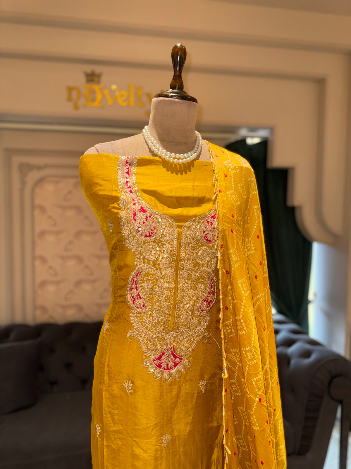 Mustard Yellow Unstitched Silk Suit Set with Pink Threadwork Yoke & Bandhani Printed Dupatta