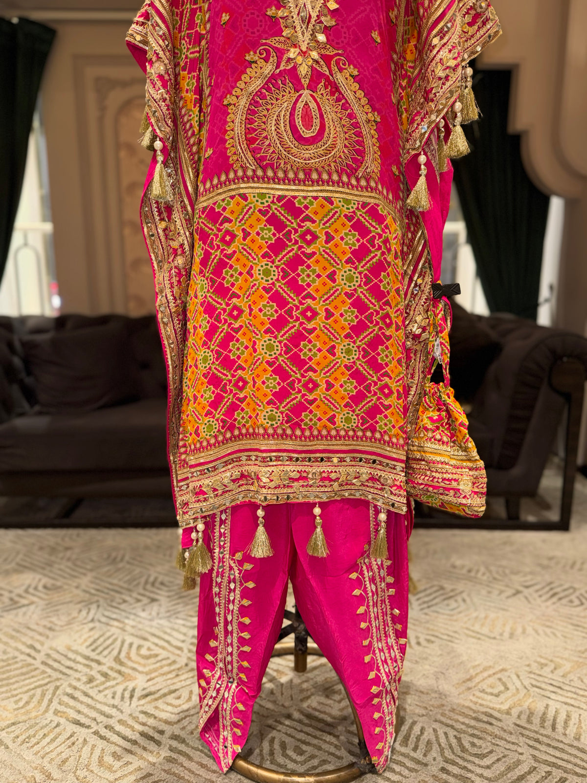 Hot Pink Embroidered Kaftan with Matching Dhoti Pants