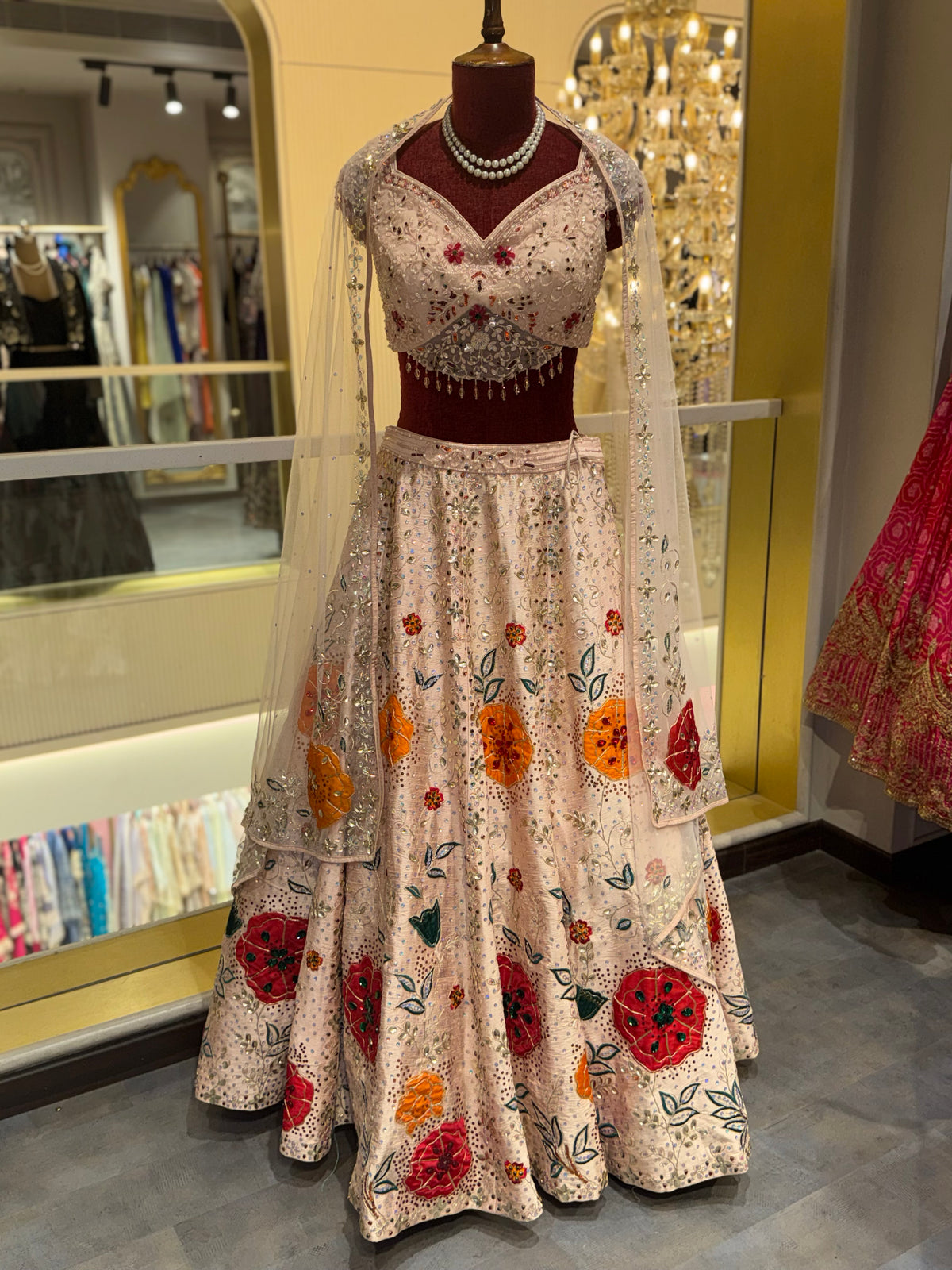 Blush Pink Floral Embroidered Lehenga Set with Dupatta