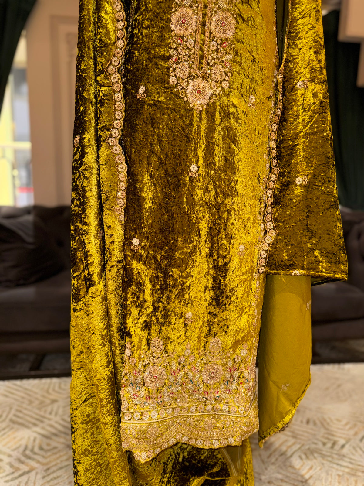 Luxury Olive Green Velvet Suit with Intricate Golden Embroidery & Dupatta