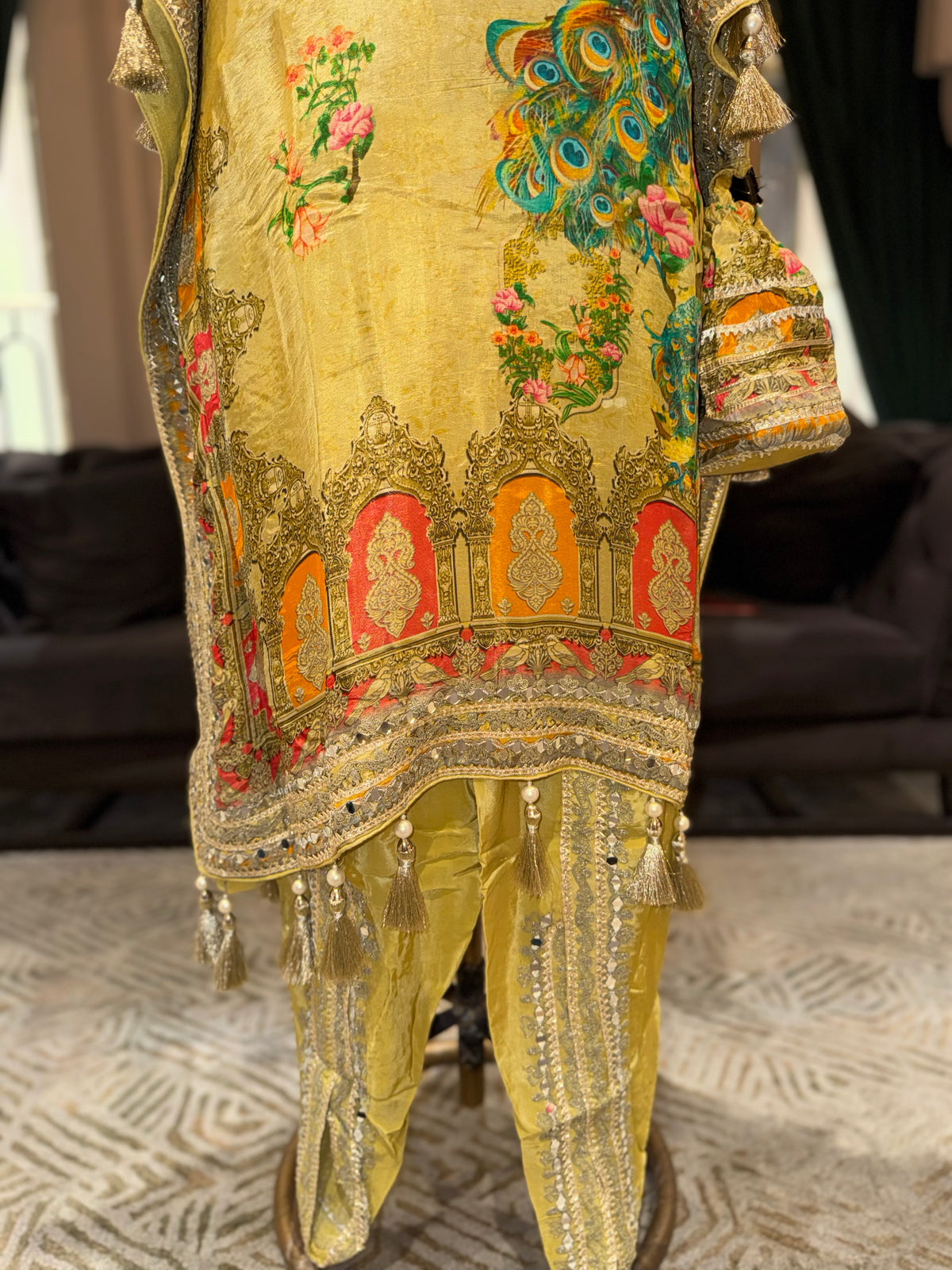 Yellow Peacock Print Embroidered Kaftan Suit