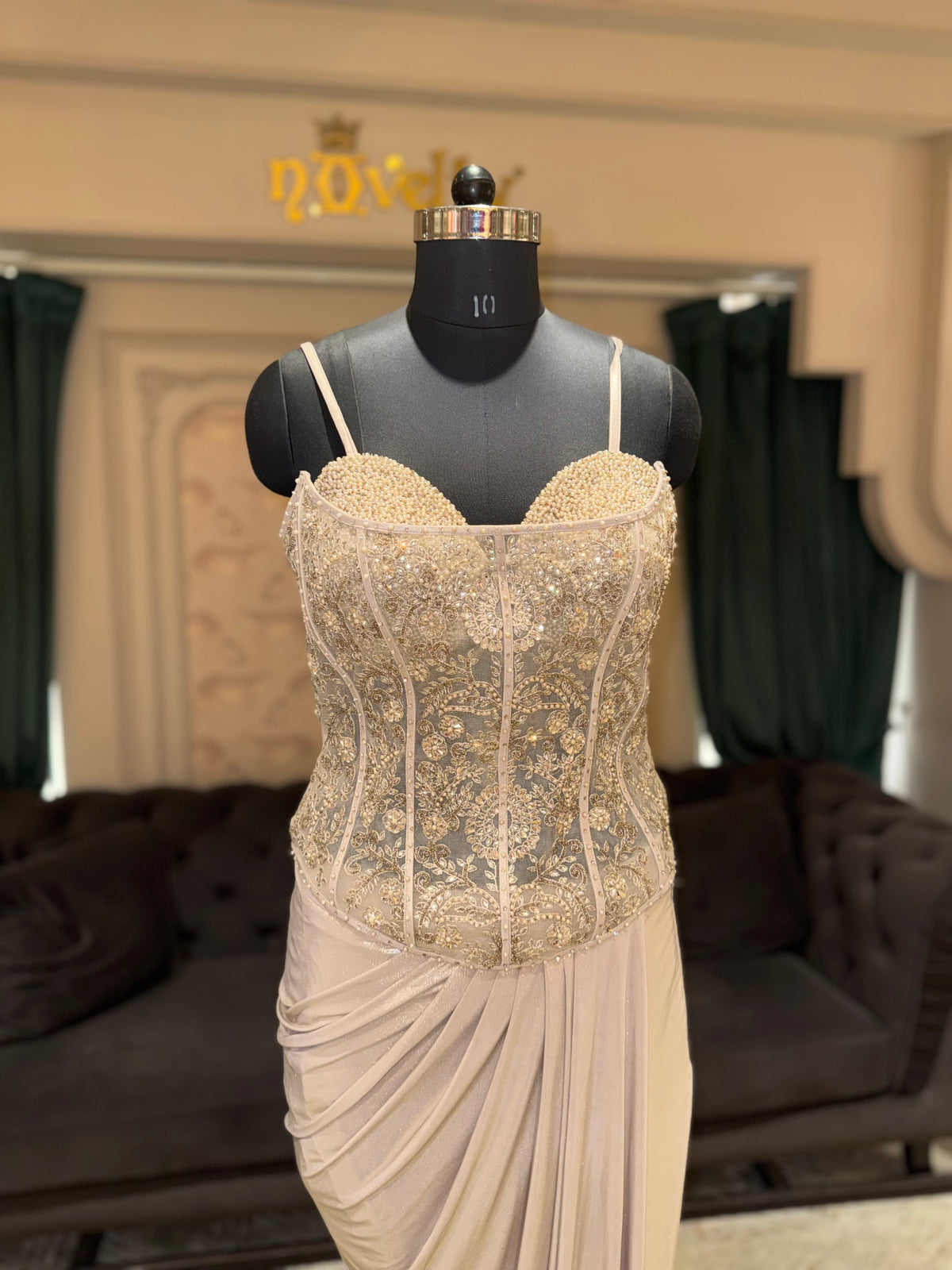 Champagne Embellished Corset Choli with Draped Skirt
