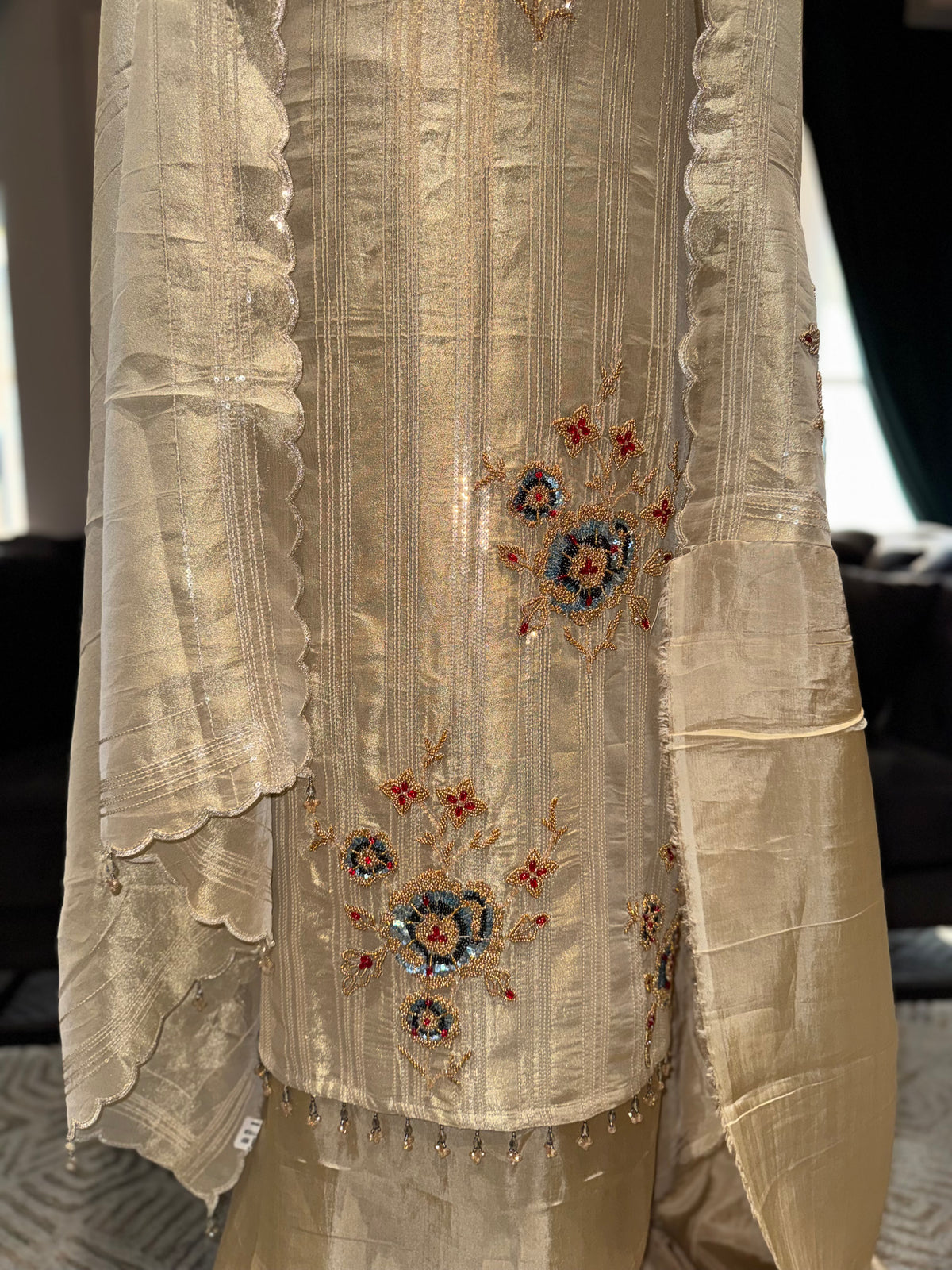 Ivory Unstitched Silk Suit Set with Gold Zari Lines and Floral Motifs