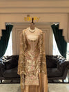 Antique Gold Unstitched Silk Suit Set with Heavy Zardozi Yoke and Floral Embellishments