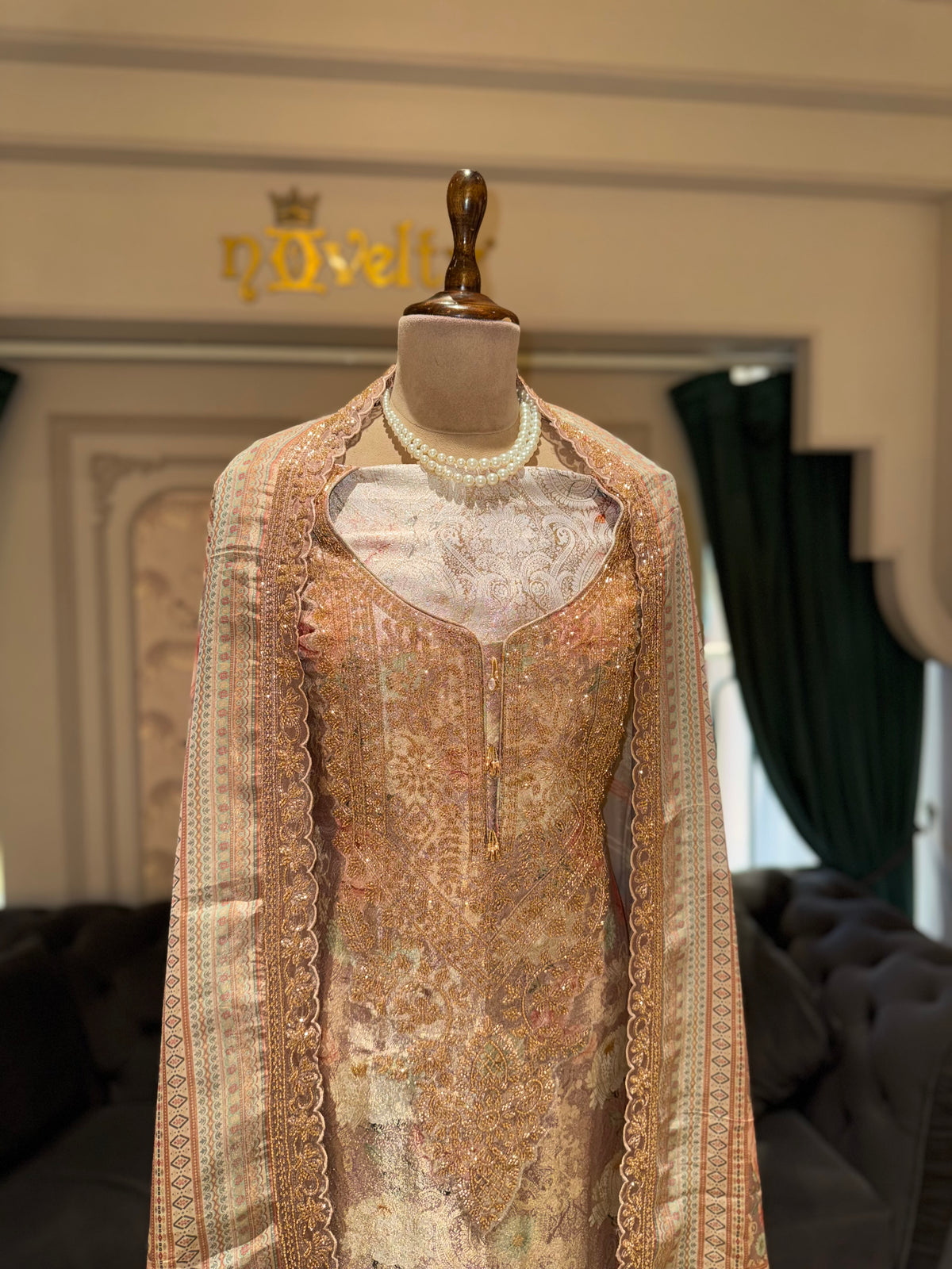 Premium Peach Floral Embroidered unstitched Suit Set with Designer Dupatta