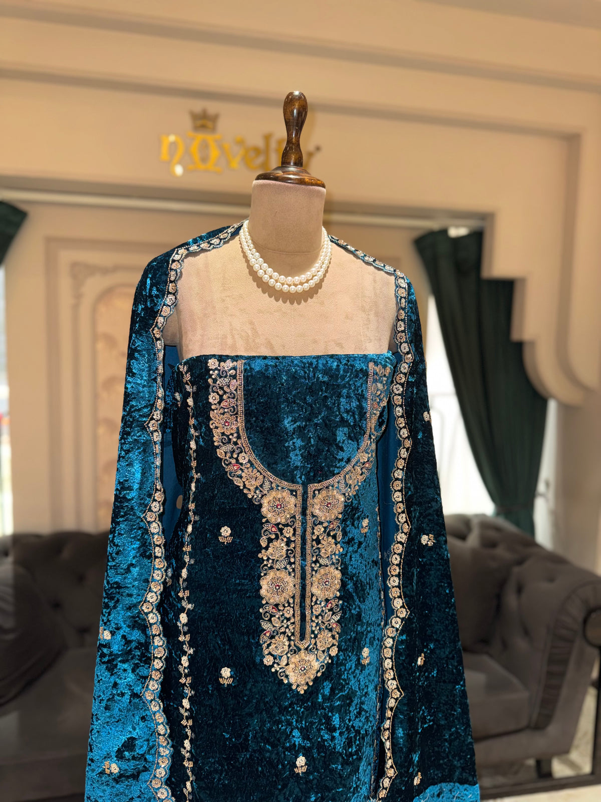 Royal Teal Blue Velvet Embroidered Unstitched Suit with Designer Dupatta