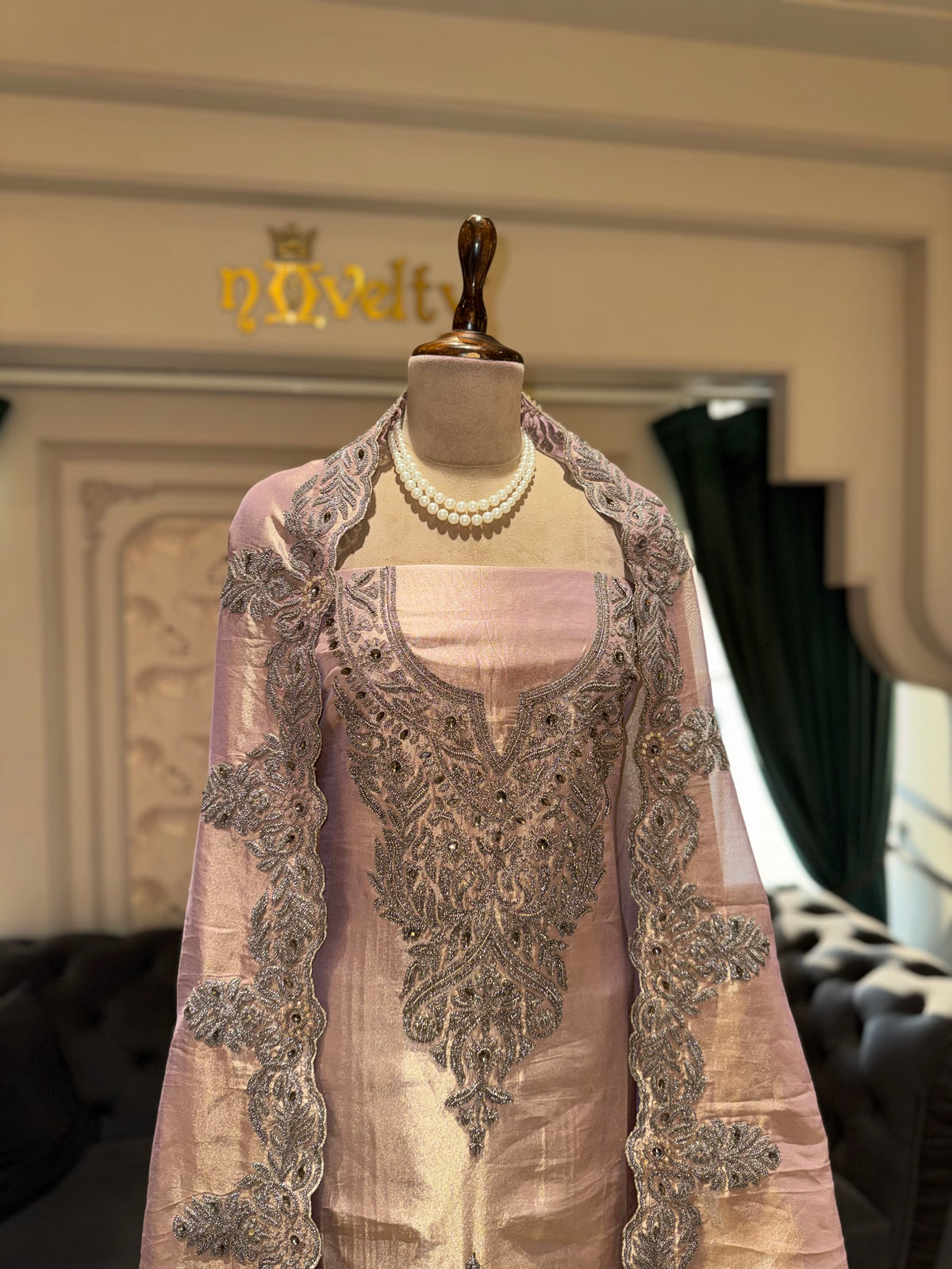 Mauve & Silver Unstitched Silk Suit Set with Heavy Zardozi Yoke and Scalloped Dupatta