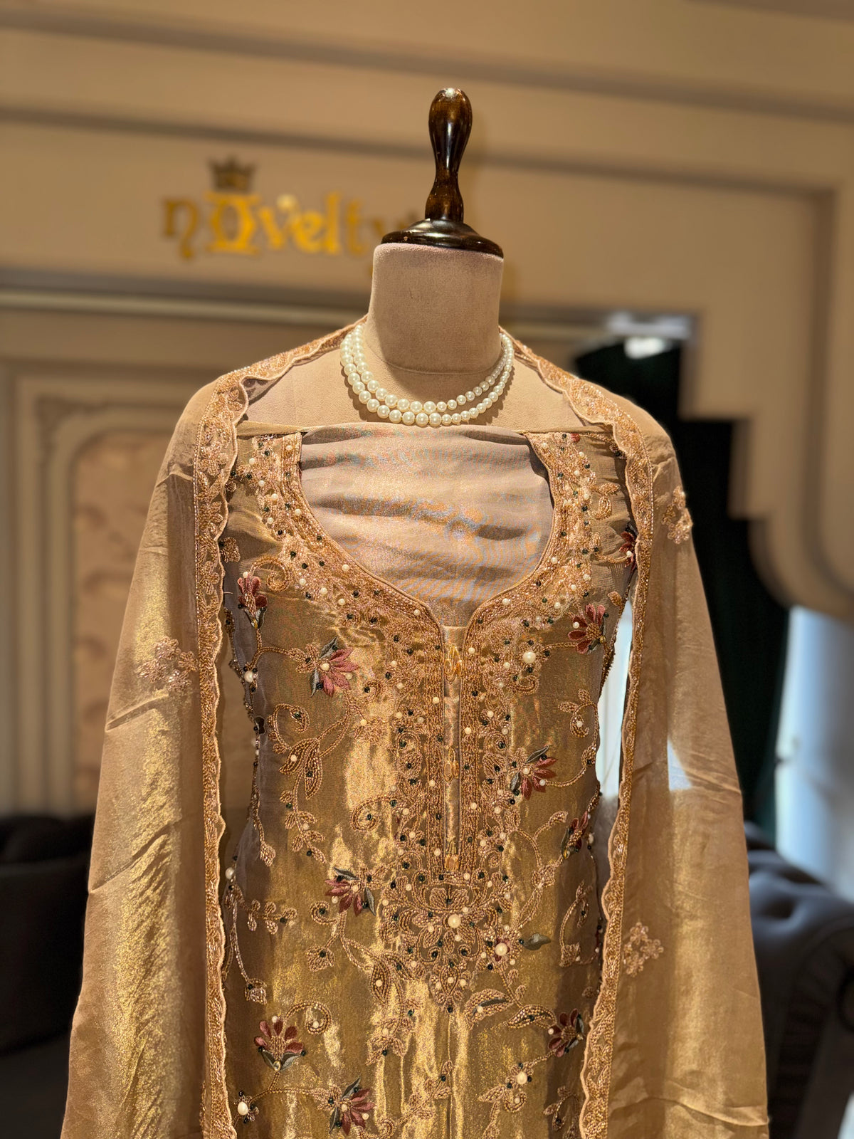 Metallic Gold Unstitched Silk Suit Set with Mirror-Work Zardozi Yoke & Scalloped Dupatta