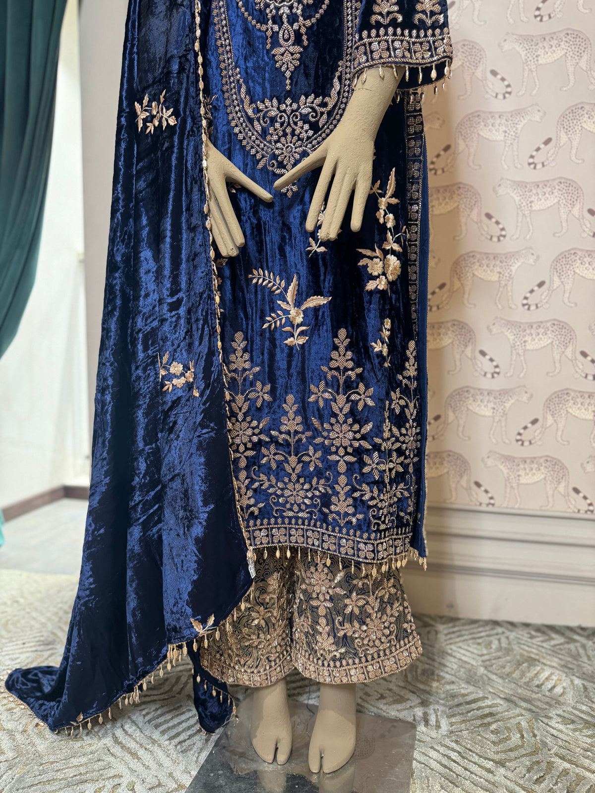 Royal Navy Blue Velvet Embroidered Suit