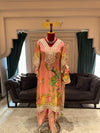 Premium Peach Silk Digital Printed Kaftan with Mirror-Work Placket, Tassels, and Matching Dhoti Pants