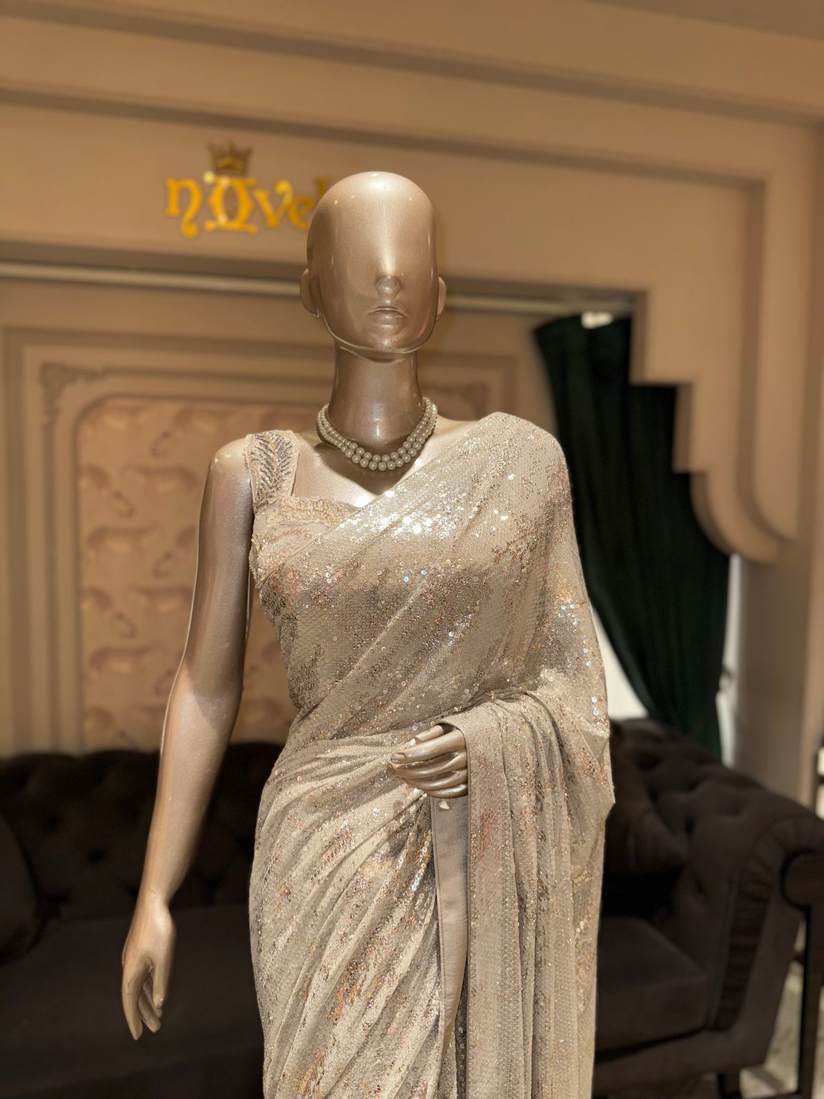Ivory Champagne Shimmer Georgette Saree with All-Over Sequin Sparkle & Fringe Detailing