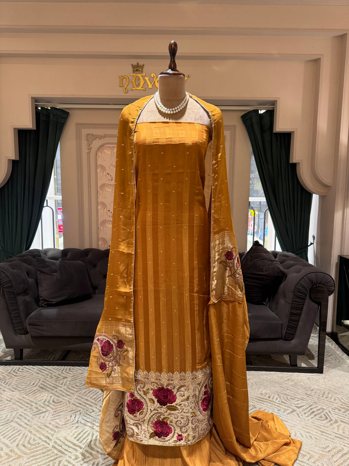 Mustard Gold Embroidered Unstitched Suit with Floral Dupatta