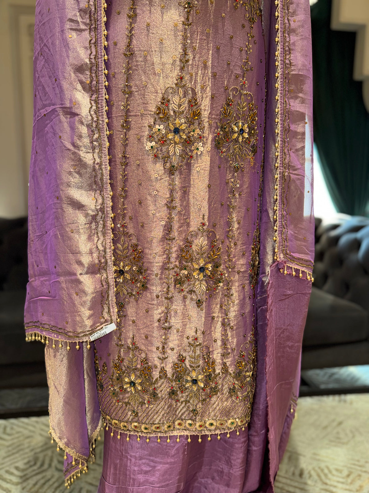 Lavender Unstitched Silk Suit Set with Metallic Gold Zari Weaving and Zardozi Motifs