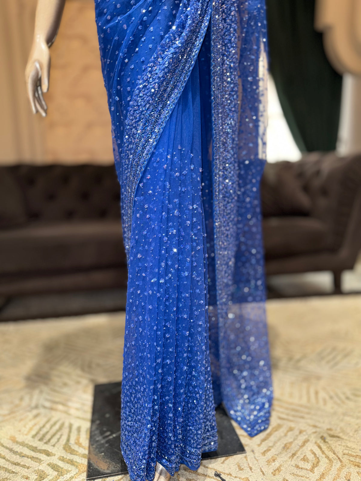 Royal Blue Embellished Net Saree with Heavy Sequin Embroidery & Matching Designer Blouse