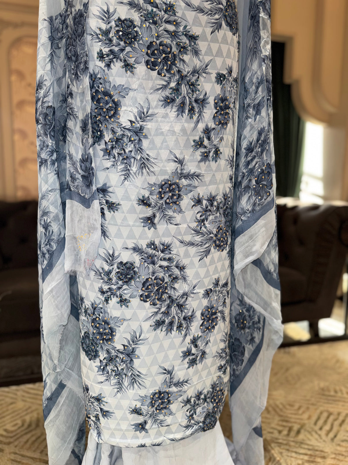 Blue Floral Crepe Unstitched Suit