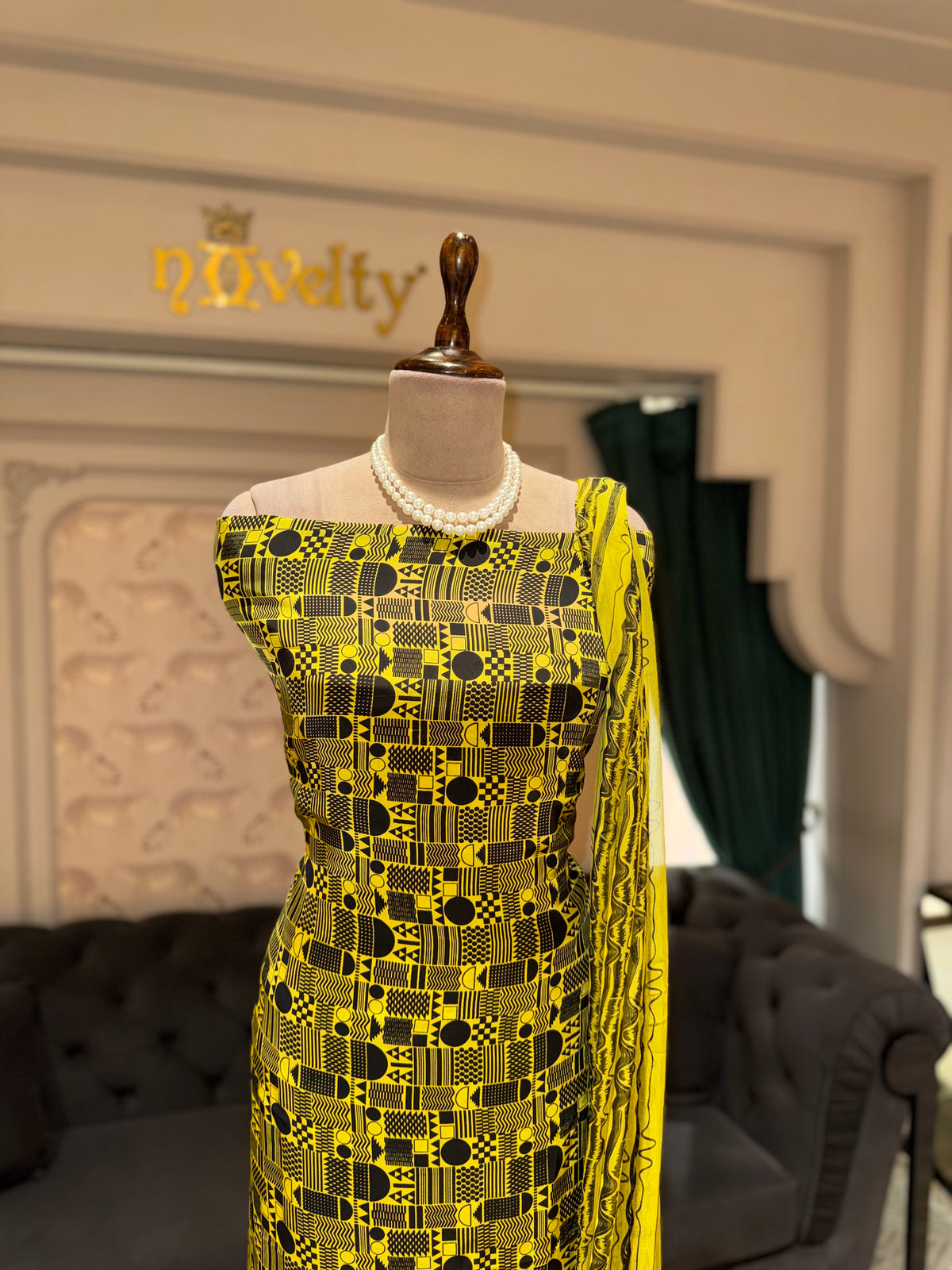 Yellow & Black Geometric Printed Unstitched Crepe Suit Set with Matching Printed Dupatta