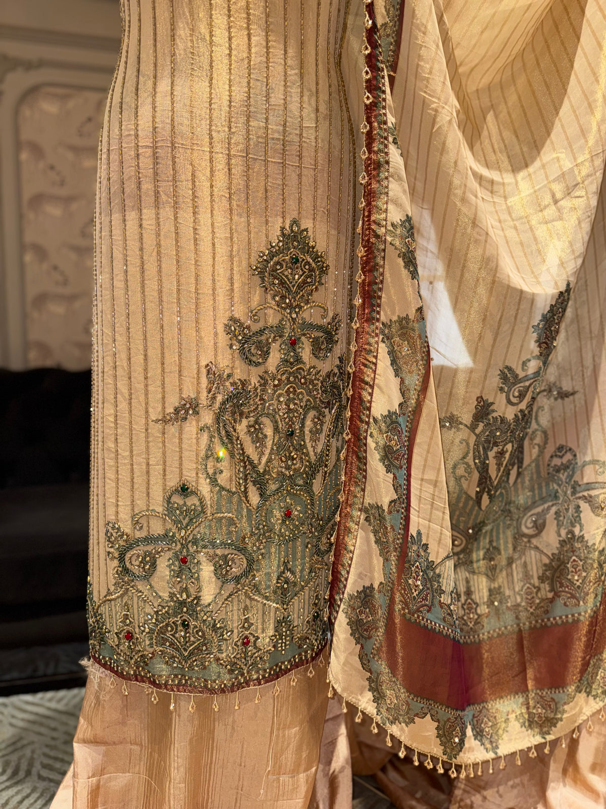 Beige Unstitched Silk Suit Set with Gold Zari Lines, Paisley Embroidery & Printed Dupatta