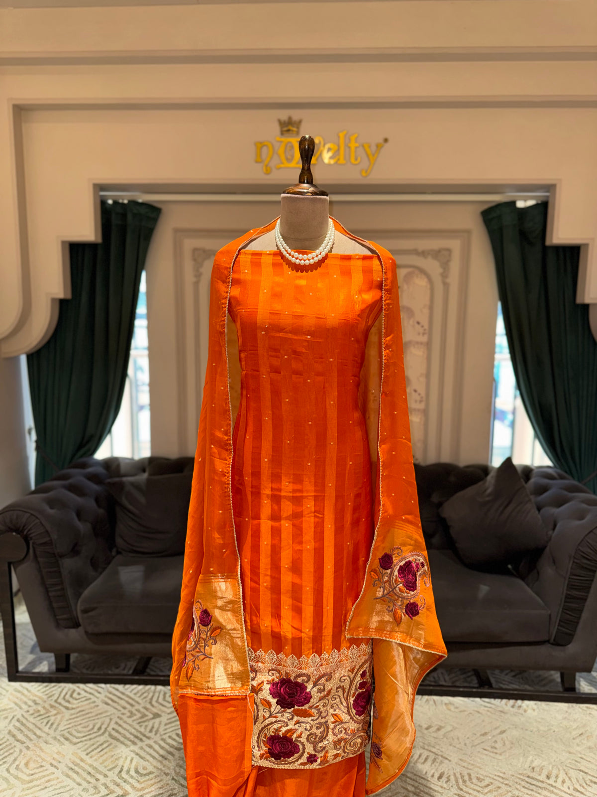 Orange Embroidered Unstitched Suit with Floral Border