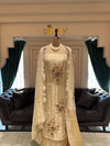 Ivory Unstitched Silk Suit Set with Gold Zari Lines and Floral Motifs