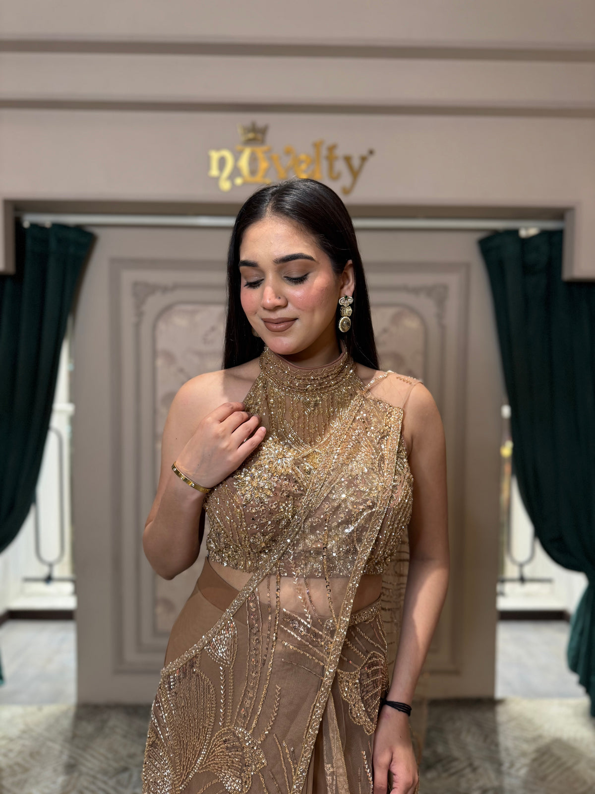 Draped Embellished Pre-Draped Saree Set