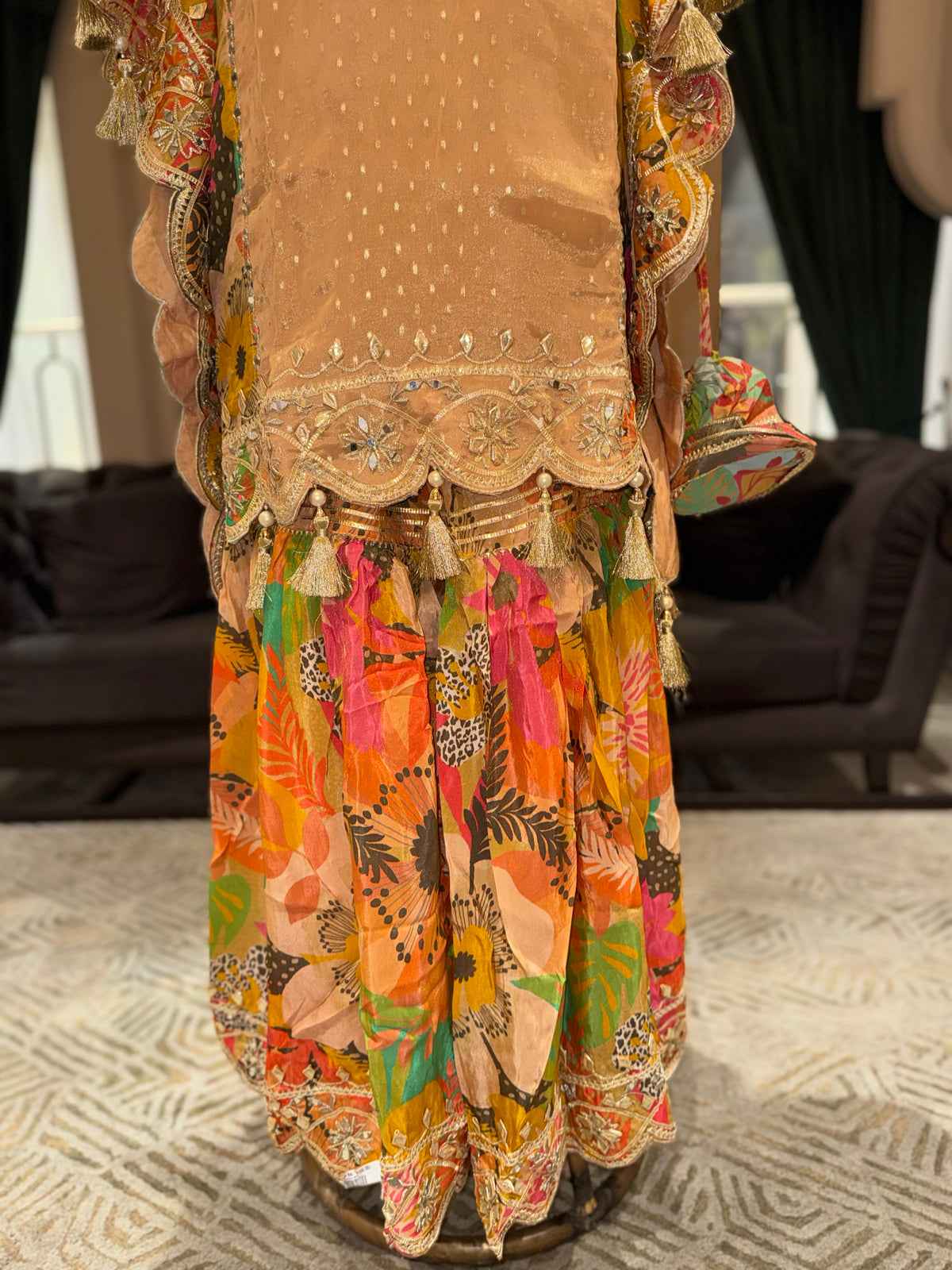 Peach Embroidered Kaftan with Multicolour Floral Sharara Set