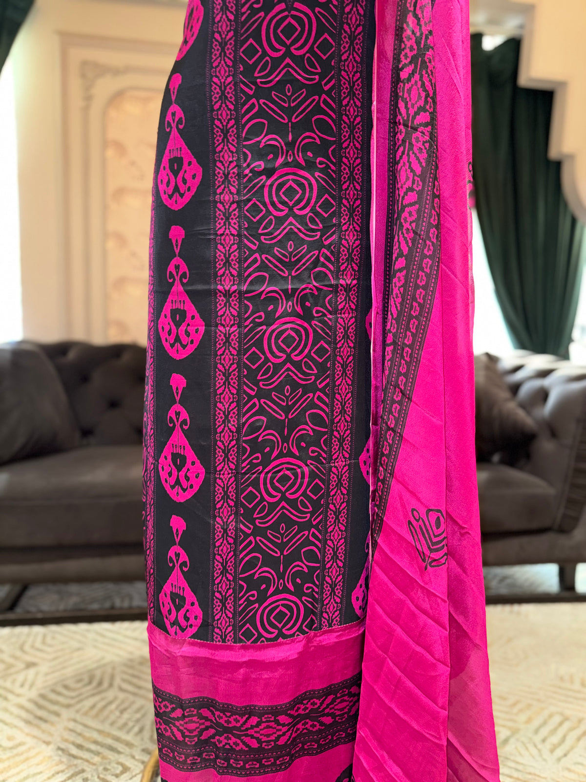 Charcoal & Magenta Printed Pure Crepe Unstitched Suit Set with Printed Dupatta