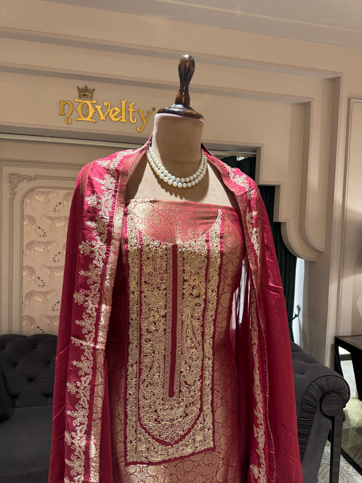Elegant Rani Pink & Antique Gold Brocade Unstitched Suit