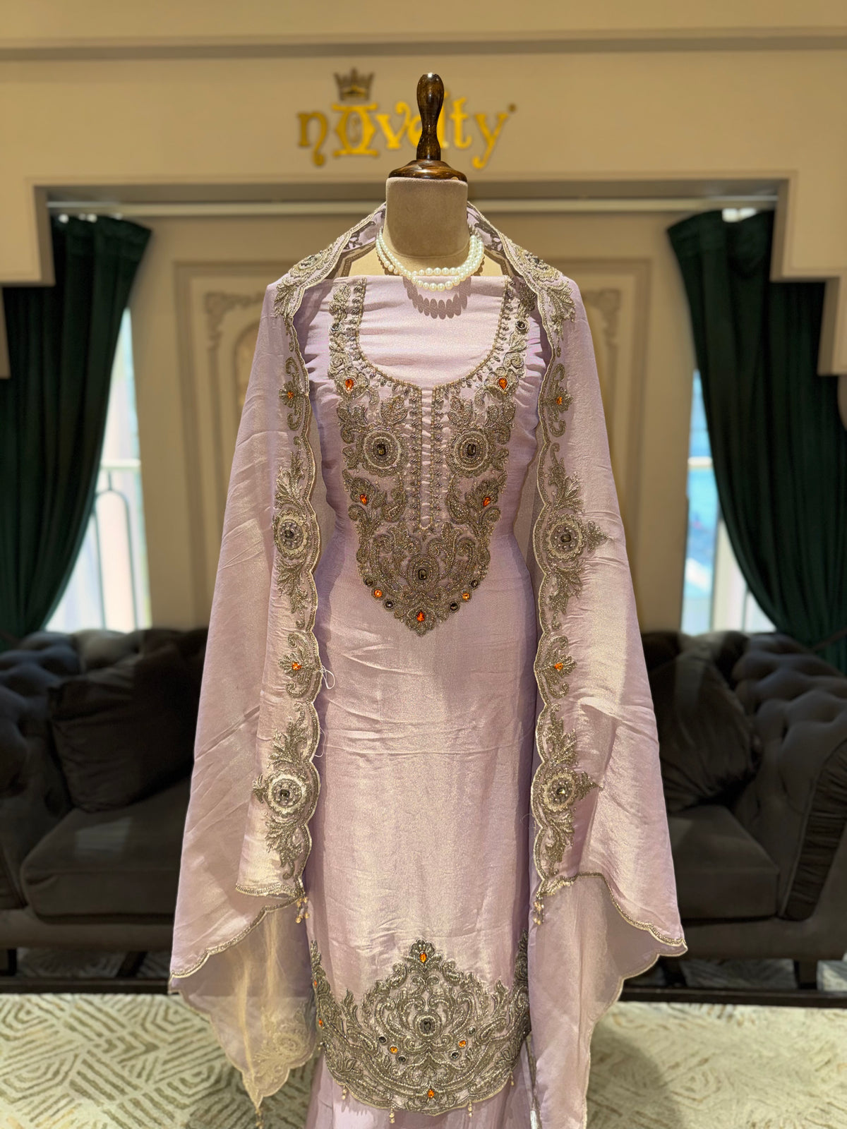 Lavender Embroidered Unstitched Suit with Designer Dupatta