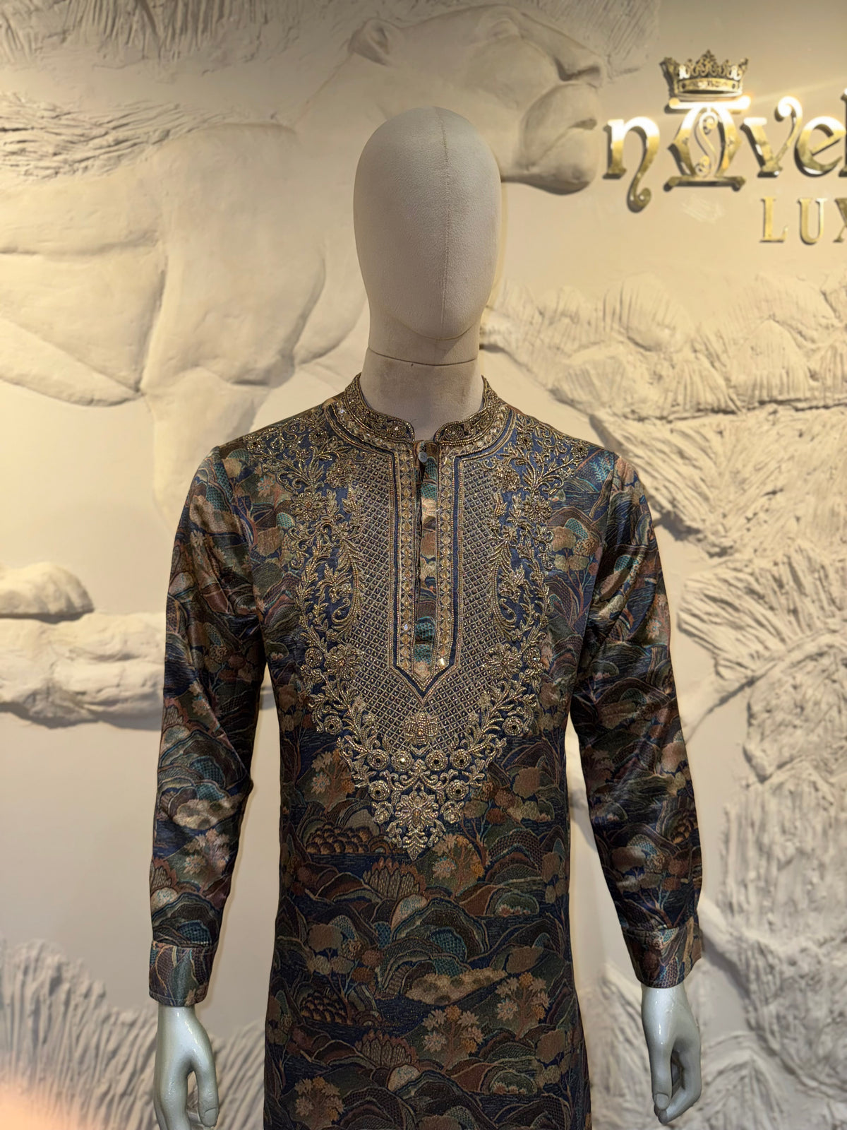 Designer Charcoal & Gold Floral Silk Jacquard Kurta Set with Embroidered Placket