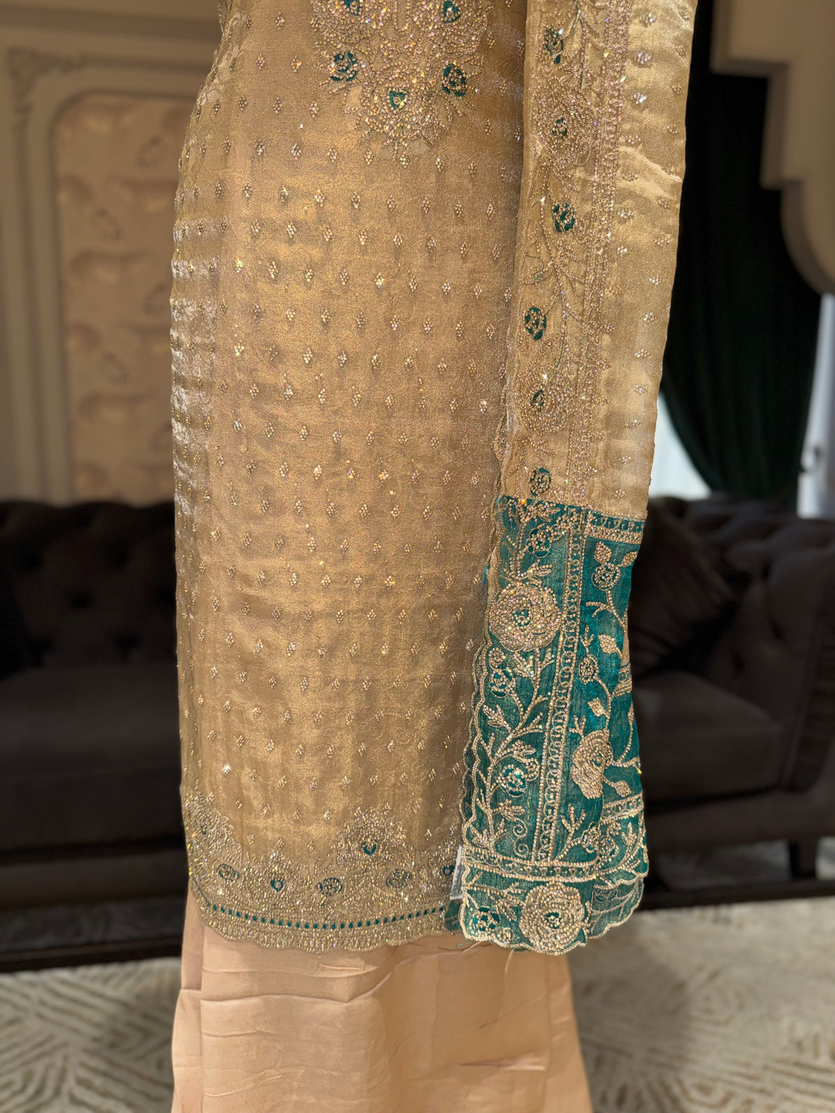 Ivory Cream Unstitched Silk Suit Set with Sea-Green Zardozi Neck Yoke & Embroidered Border Dupatta