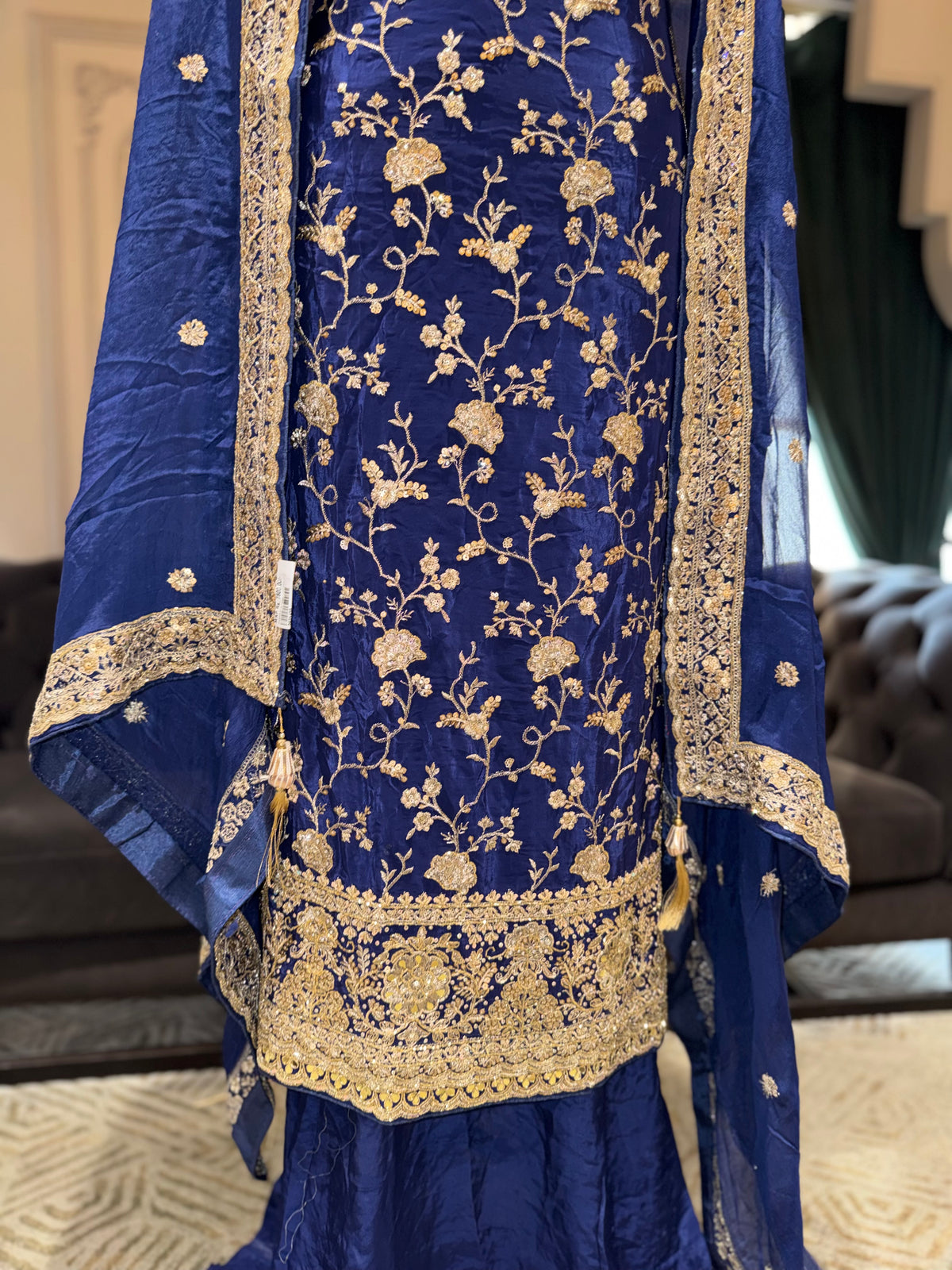 Royal Blue Unstitched Silk Suit Set with Floral Zari Jaal and Scalloped Dupatta