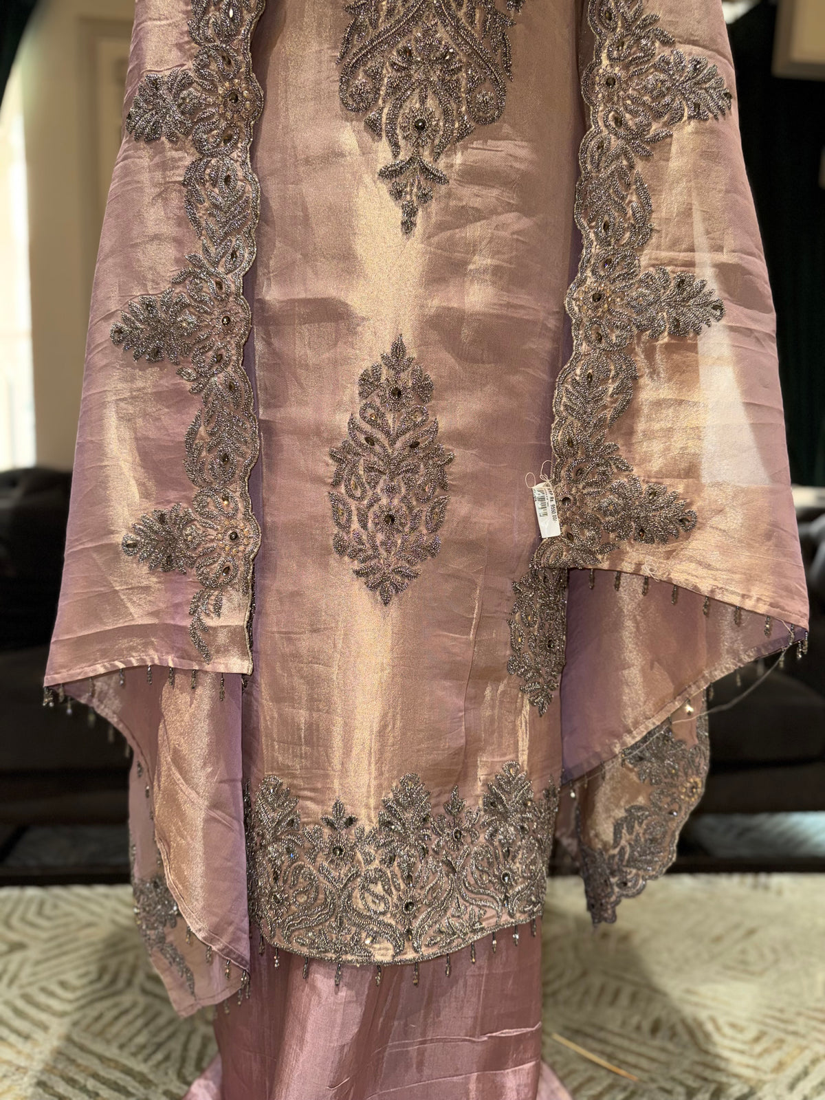 Mauve & Silver Unstitched Silk Suit Set with Heavy Zardozi Yoke and Scalloped Dupatta