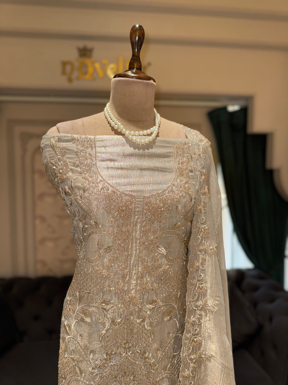 Champagne Gold Unstitched Tissue Silk Suit Set with Ornate Gold Zardozi Jaal & Scalloped Dupatta
