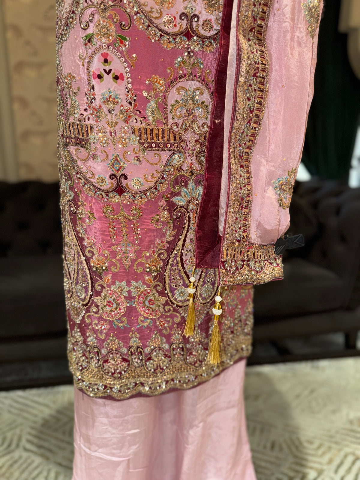 Blush Pink & Mauve Unstitched Silk Suit Set with Ornate Paisley Zardozi Yoke & Scalloped Dupatta