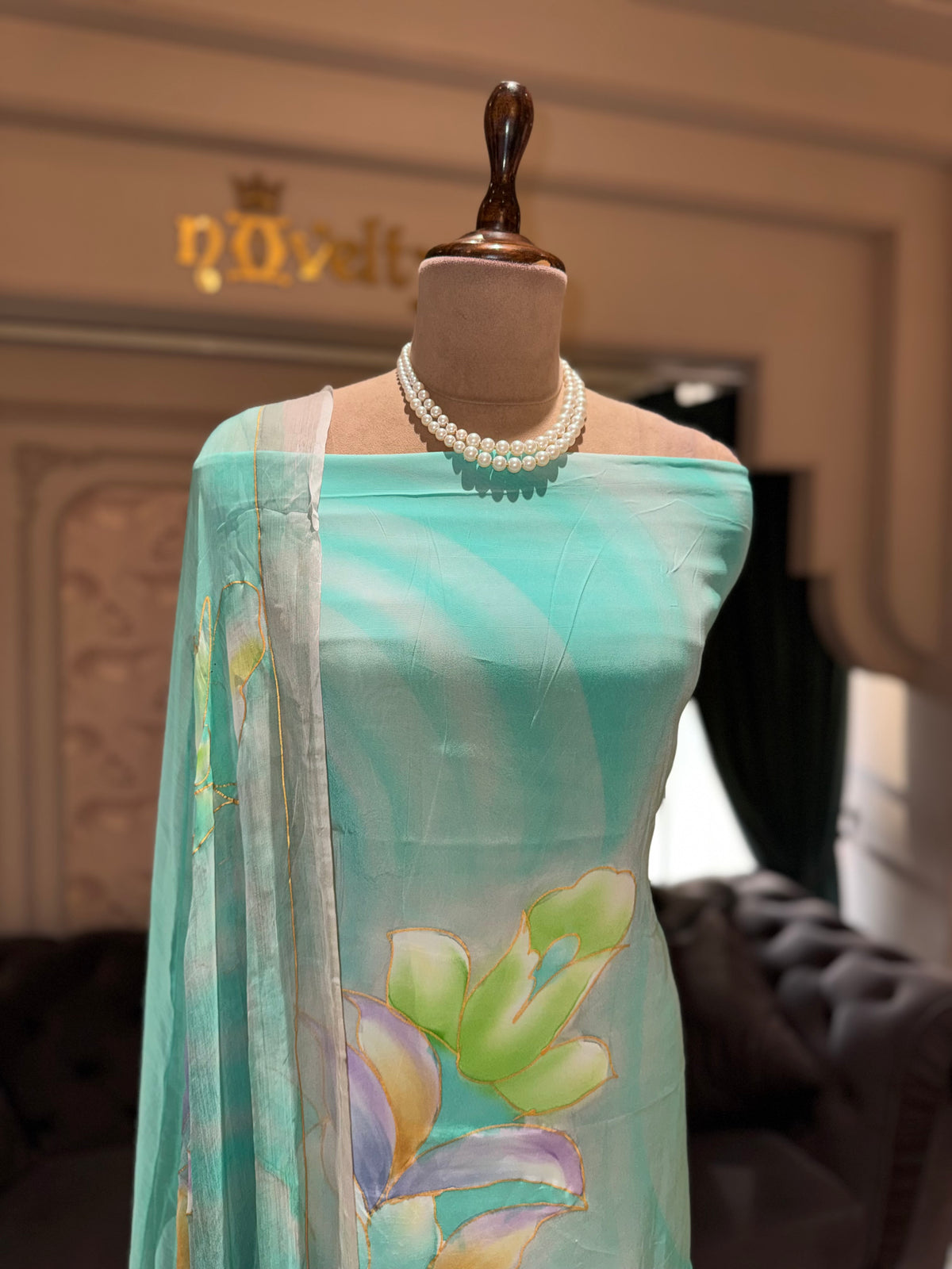 Aqua Sea-Green Pure Crepe Unstitched Suit Set with Floral Artistry