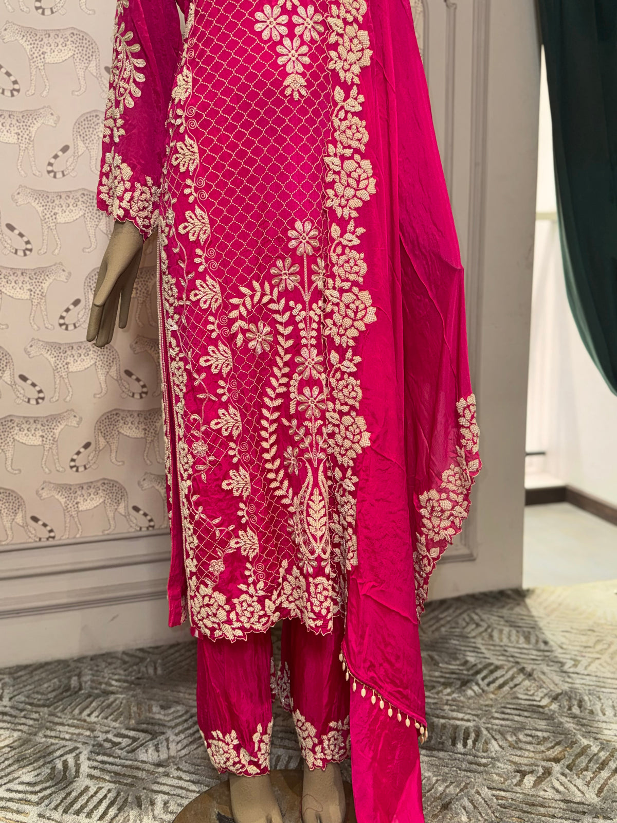 Fuchsia Pink Embroidered Straight Suit with Dupatta