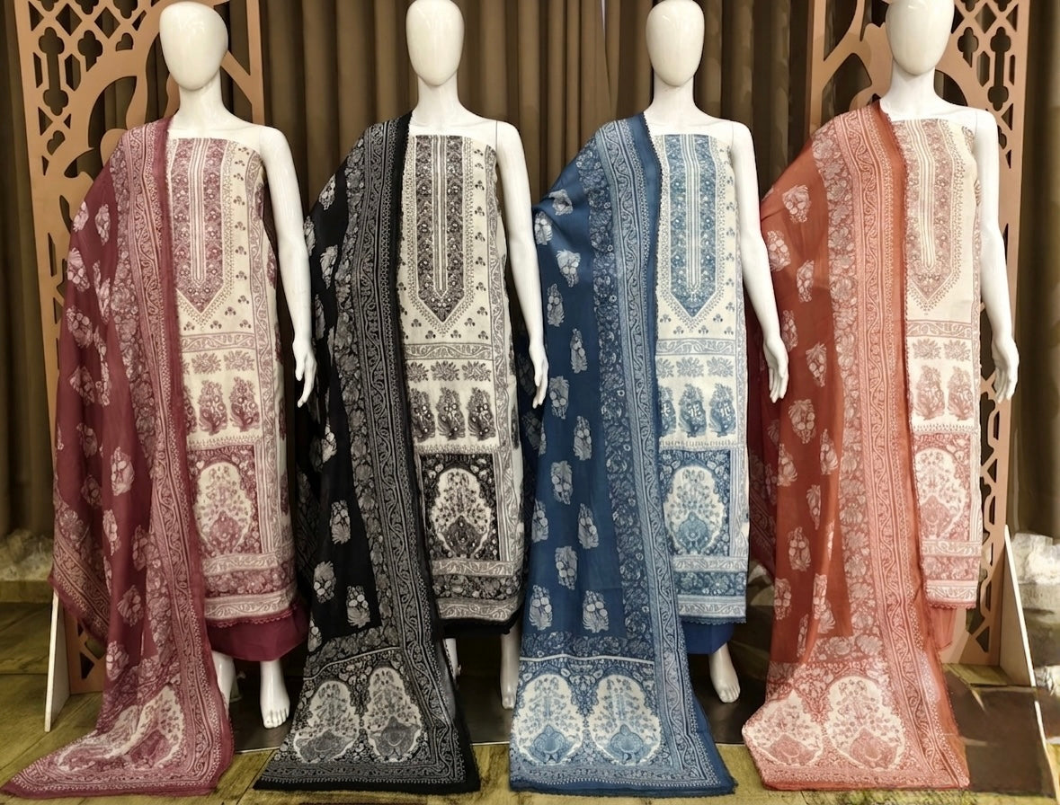 Premium Mal Cotton Monochrome Printed Unstitched Suit with Designer Dupatta