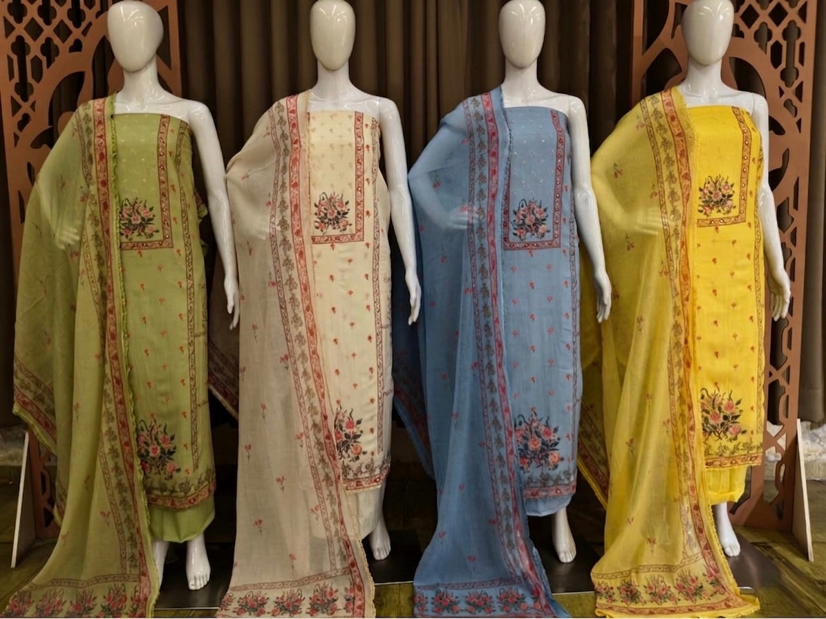Elegant Mal Cotton Printed Unstitched Suit Collection (4 Vibrant Colors)