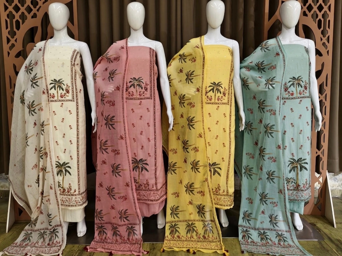 Elegant Mal Cotton Embellished Unstitched Suit with Printed Dupatta