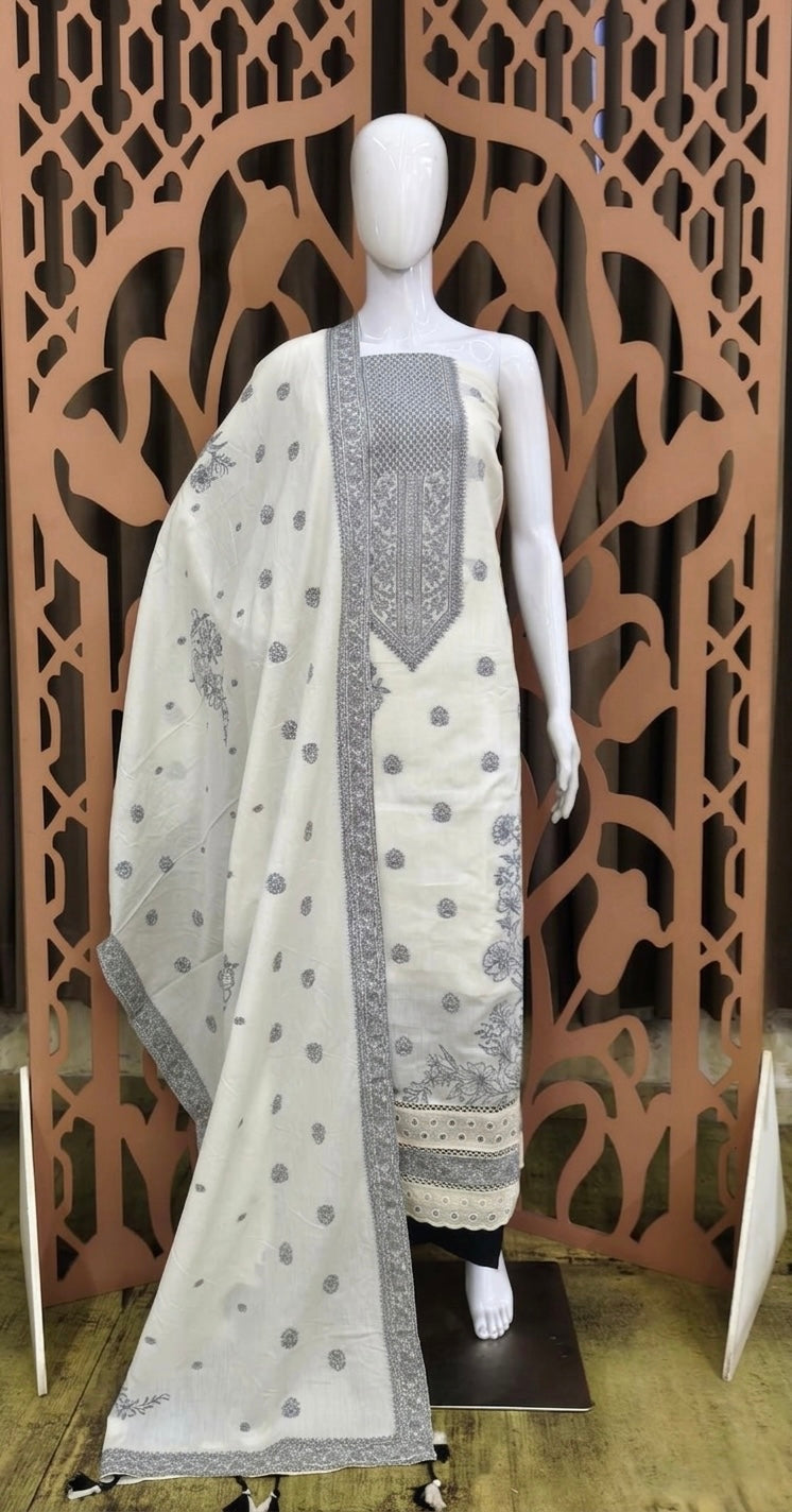 Elegant Off-White Unstitched Mal Cotton Suit with Dupatta