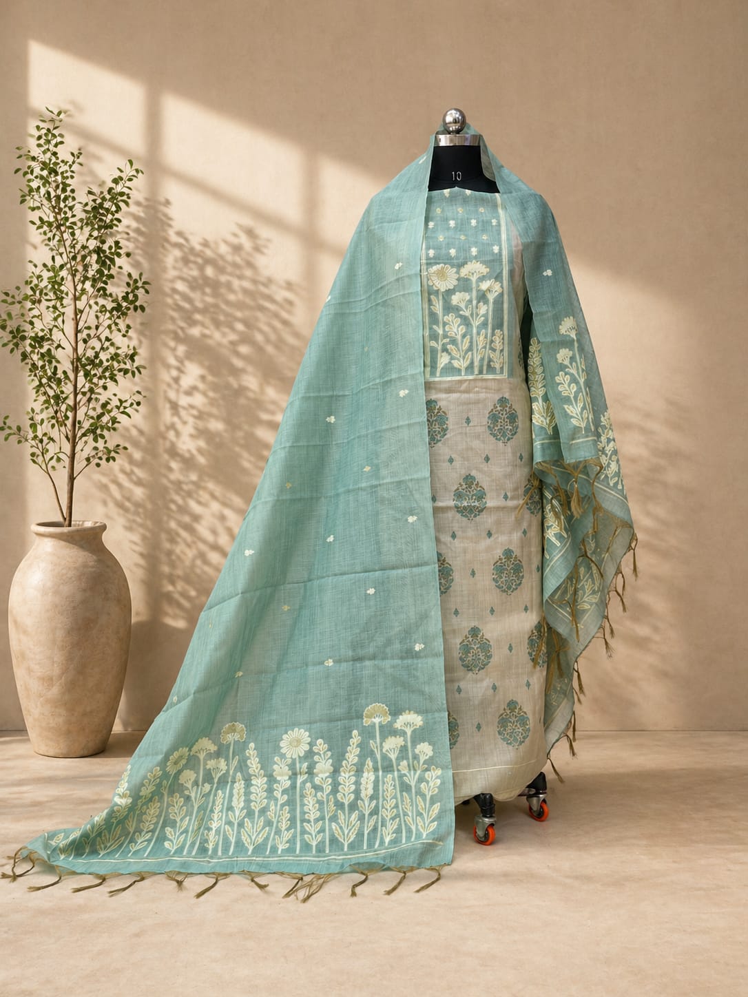 Artisan Floral Unstitched Cotton Jamdani Suit Set – Pastel Boutique Collection