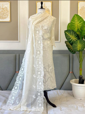 Luxury Mul Chanderi Unstitched Suit Set – Exquisite White Thread Embroidery Collection